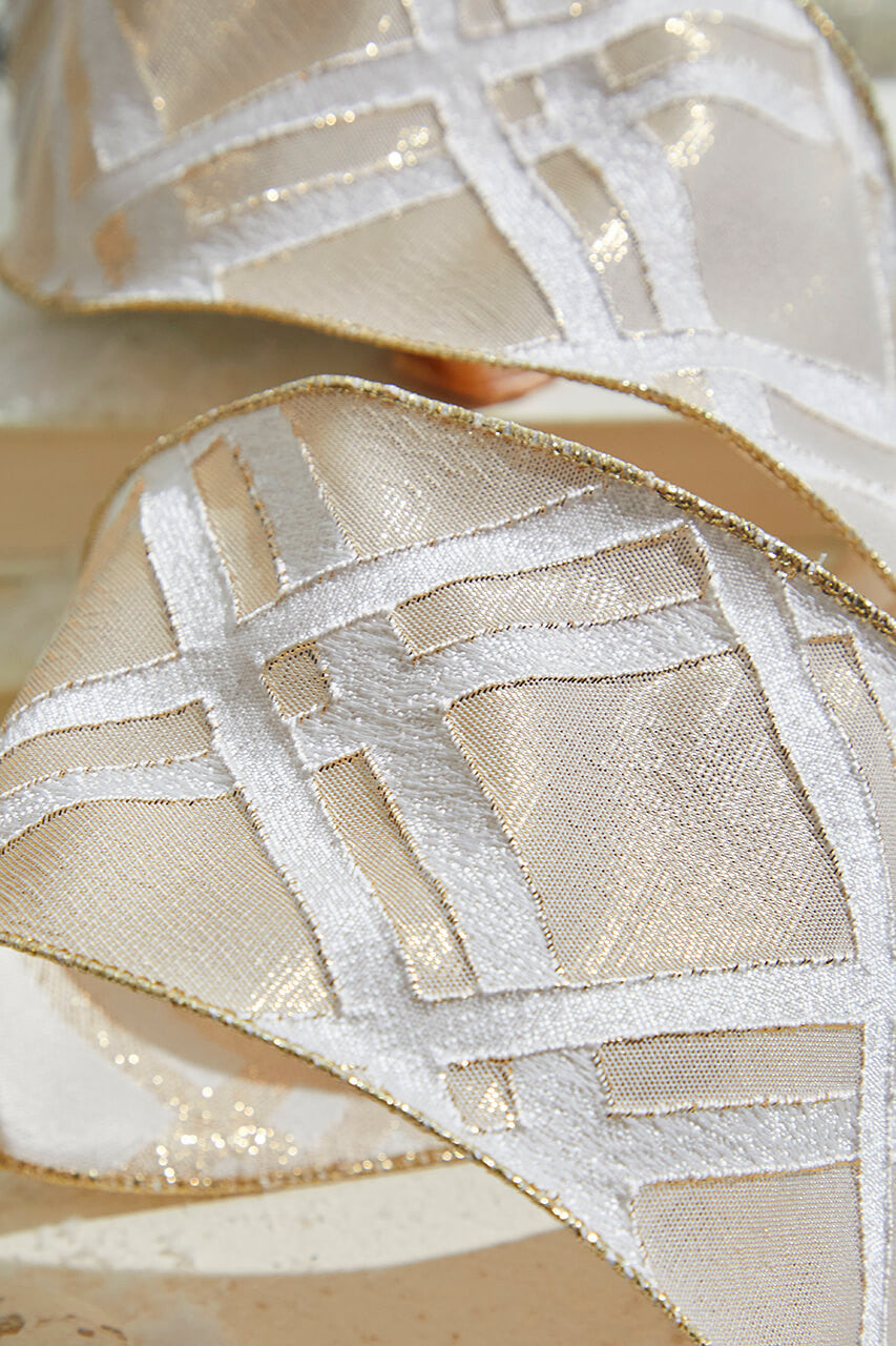 4” x 10 Yard Gold & White Lattice Ribbon