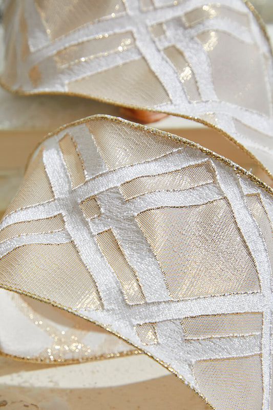 4” x 10 Yard Gold & White Lattice Ribbon