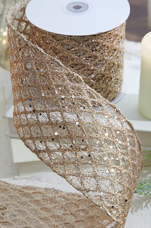 4" x 10 Yard Champagne Mesh Wired Ribbon