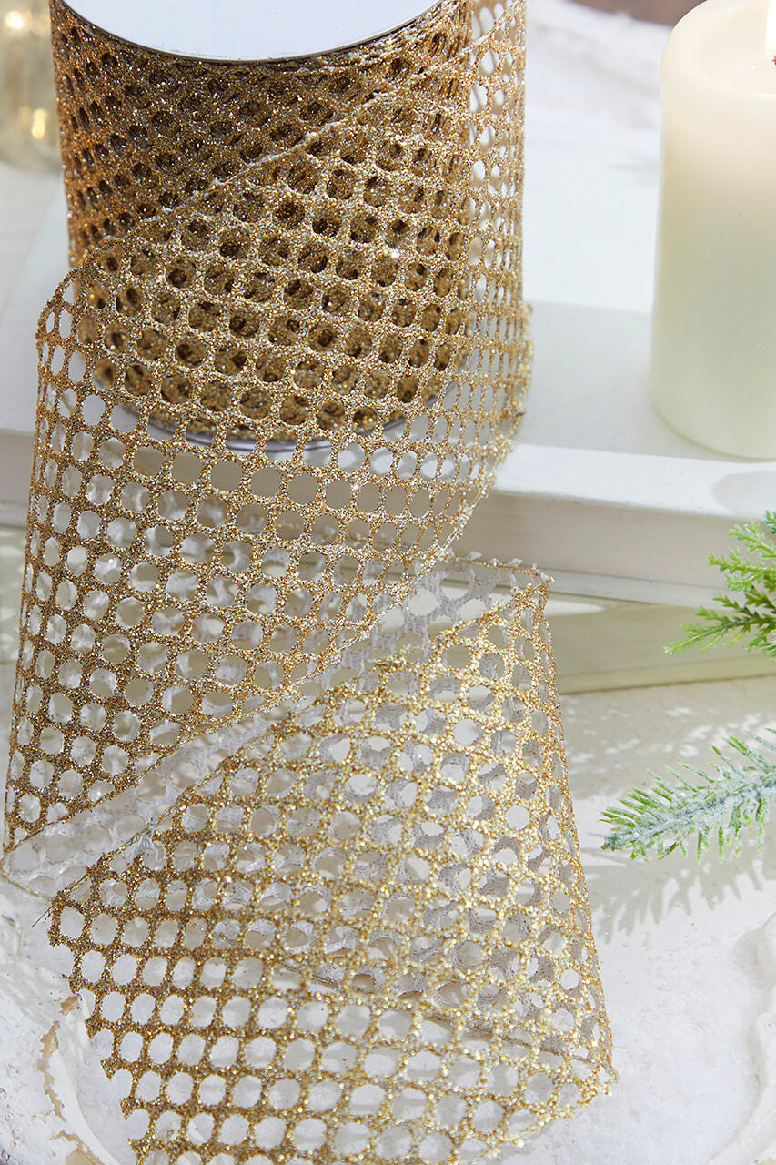 4" x 10 Yard Gold Glitter Mesh Ribbon