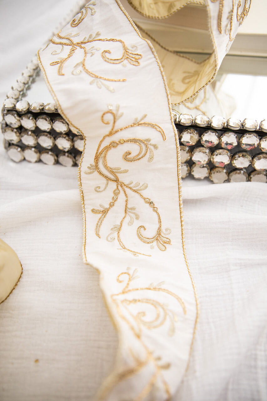 4” x 5 Yard Cream & Gold Embroided Fleur Vine Ribbon
