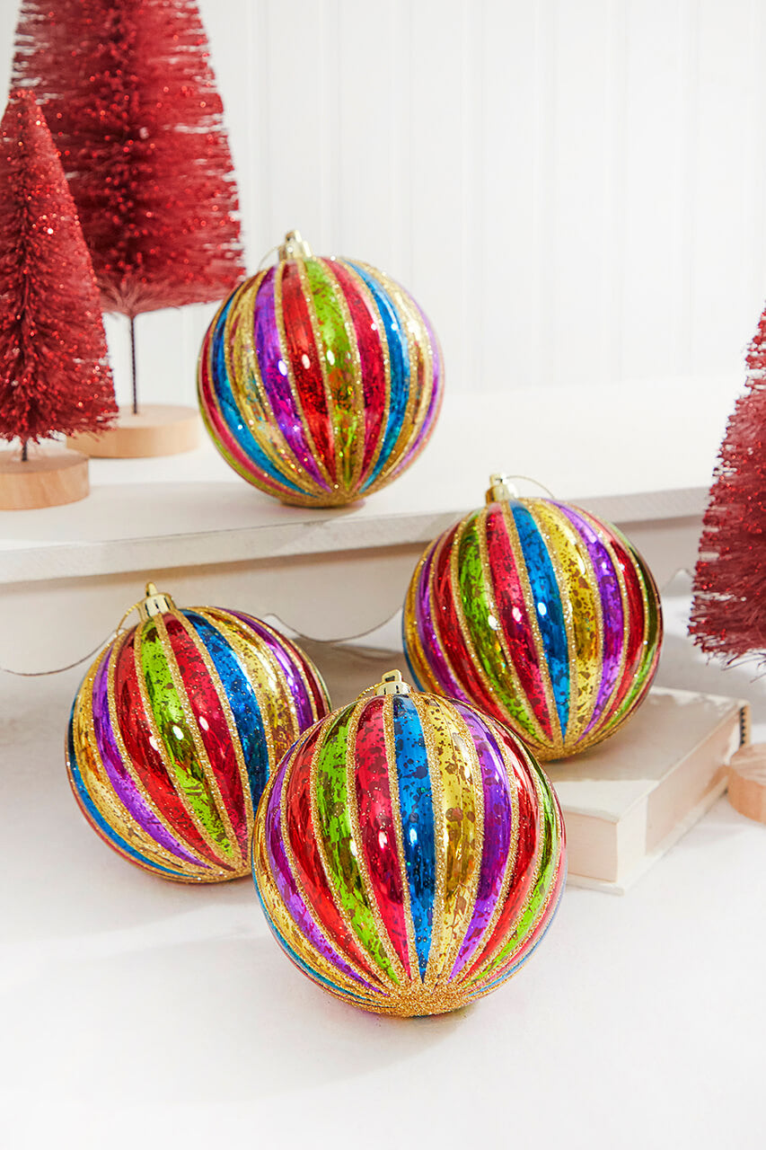 4" Multi Color Stripe Mercury Ball Ornament - Set of 4