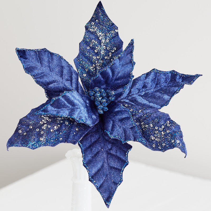 Set of Two Navy Blue Velvet Poinsettia Stem