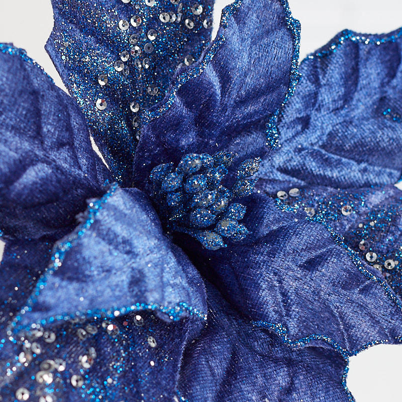 Set of Two Navy Blue Velvet Poinsettia Stem