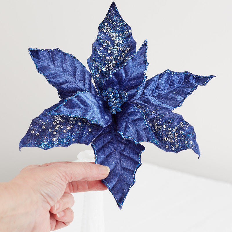 Set of Two Navy Blue Velvet Poinsettia Stem