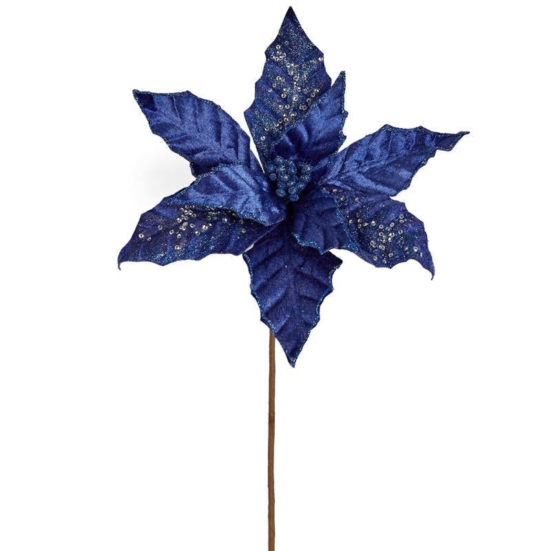 Set of Two Navy Blue Velvet Poinsettia Stem