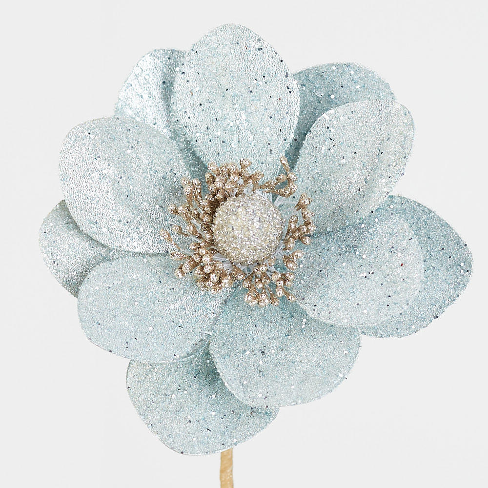 Pastel Blue Glittered Artificial Magnolia Bloom Pick