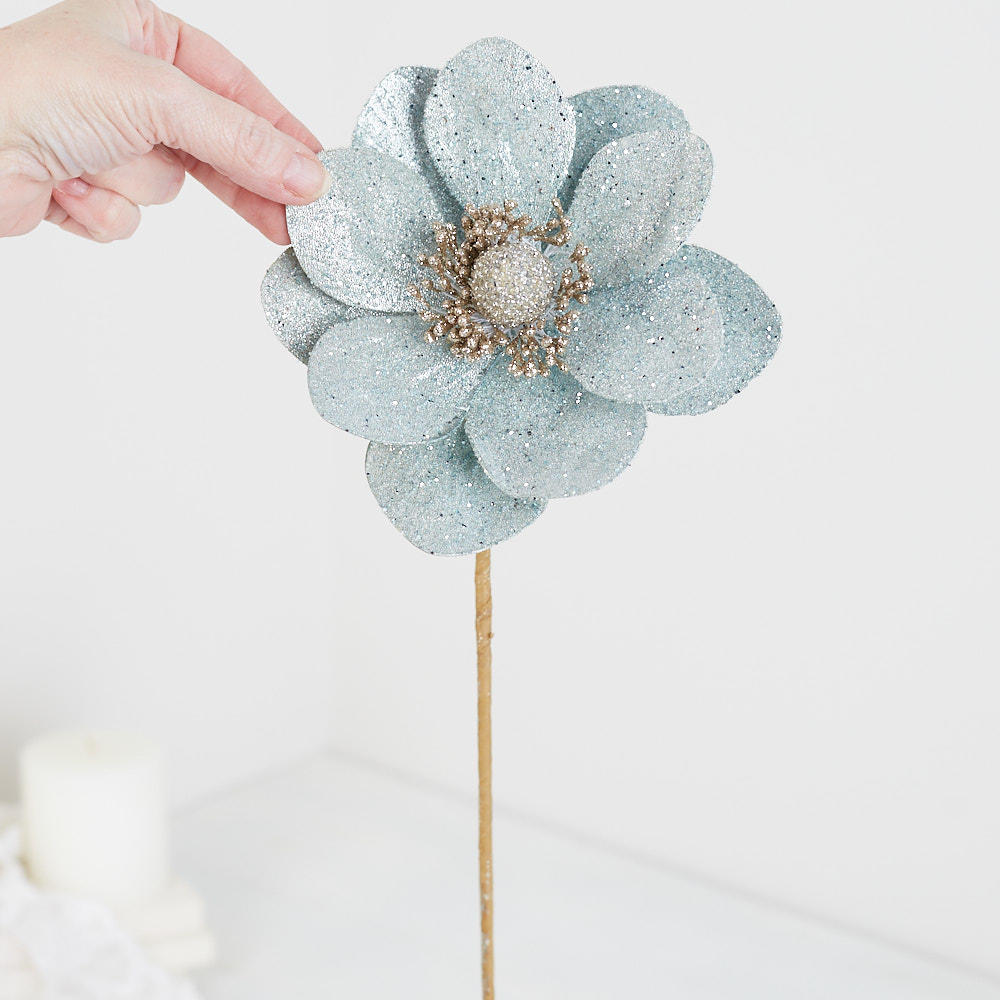 Pastel Blue Glittered Artificial Magnolia Bloom Pick
