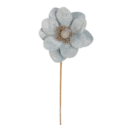 Pastel Blue Glittered Artificial Magnolia Bloom Pick