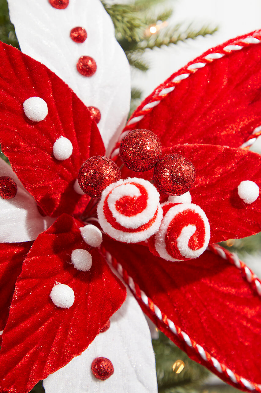 24” Velvet Candy Cane Poinsettia Stem