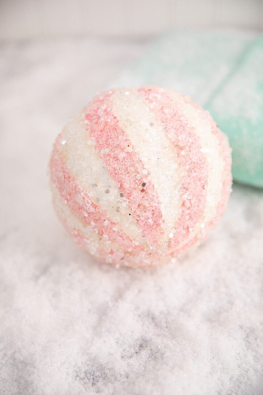 5” Iced Pink & White Candy Stripe Ball Ornament