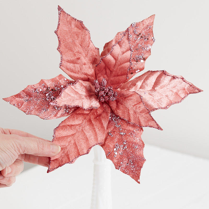 Set of Two Pink Velvet Poinsettia Stem