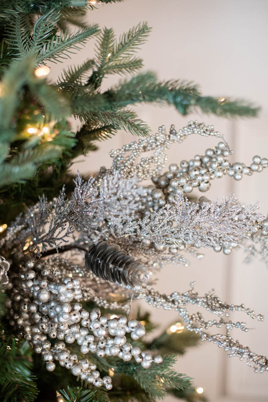 32” Metallic Platinum Glitter Berry Cedar Pinecone Christmas Spray