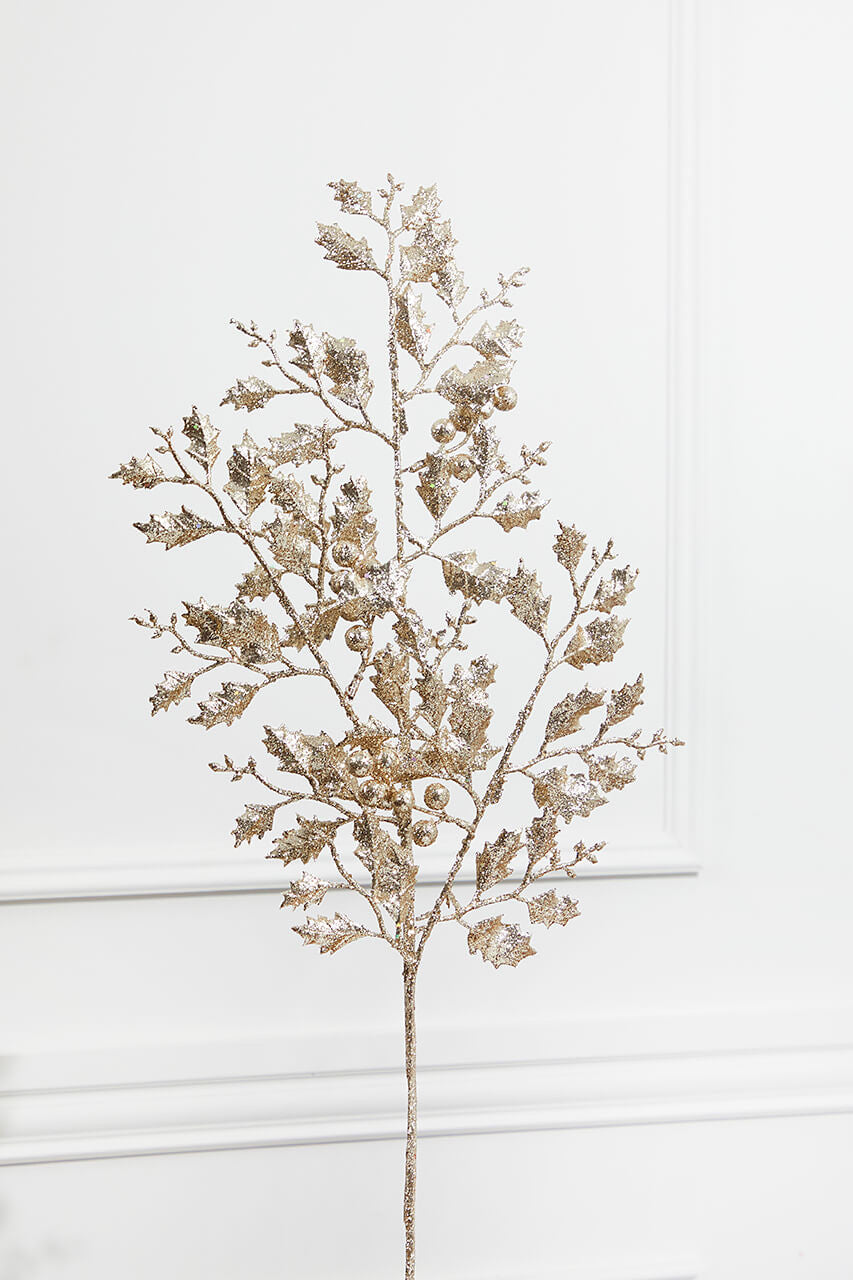34” Platinum Glitter Holly Spray