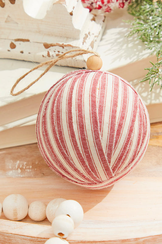 Set Of Three 4" Red and White Ticking Fabric Ball Ornament