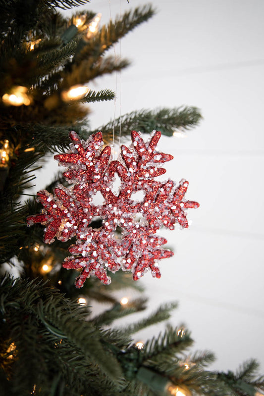 Set Of Three 6” Iced Glitter Snowflake Christmas Ornament - Red