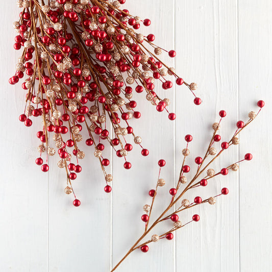 Red Metallic and Gold Glitter Berry Sprays (Approx. 12 pieces)