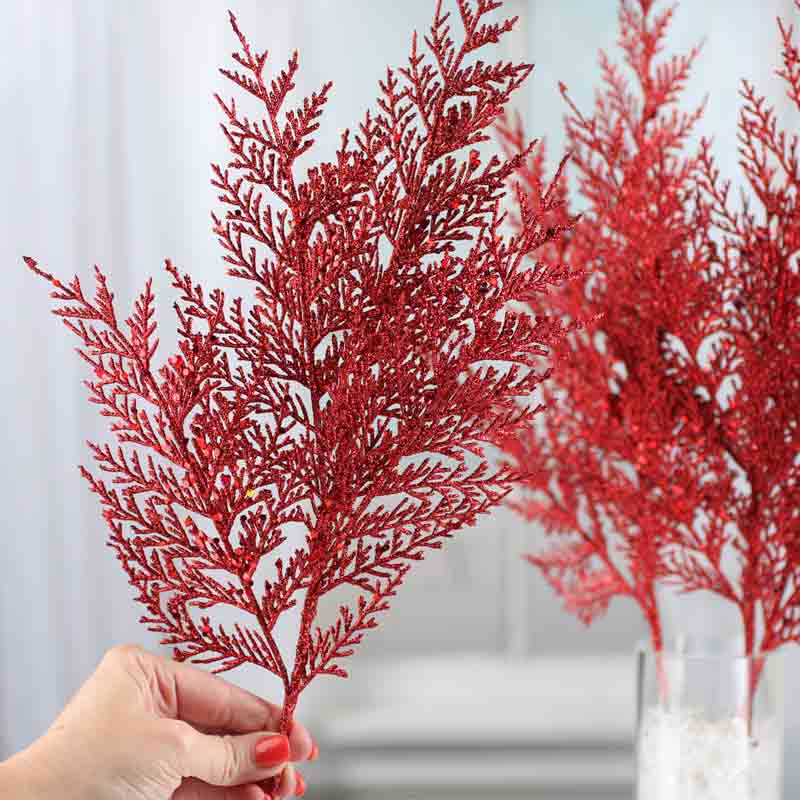 Red Sparkling Artificial Cedar Sprays (Package of 4 pieces)