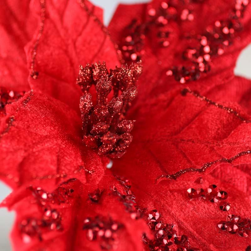 Set of Two Red Sparkling Velvet Artificial Poinsettia Pick
