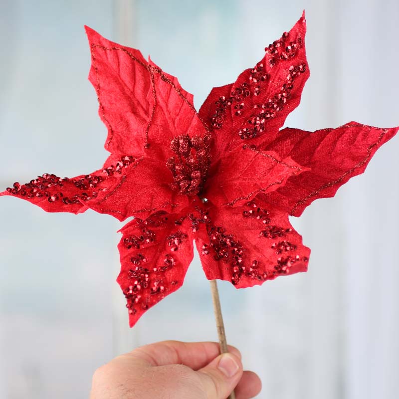 Set of Two Red Sparkling Velvet Artificial Poinsettia Pick