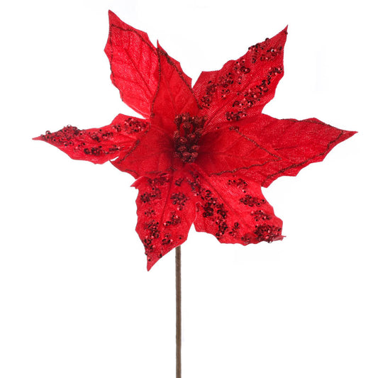Set of Two Red Sparkling Velvet Artificial Poinsettia Pick