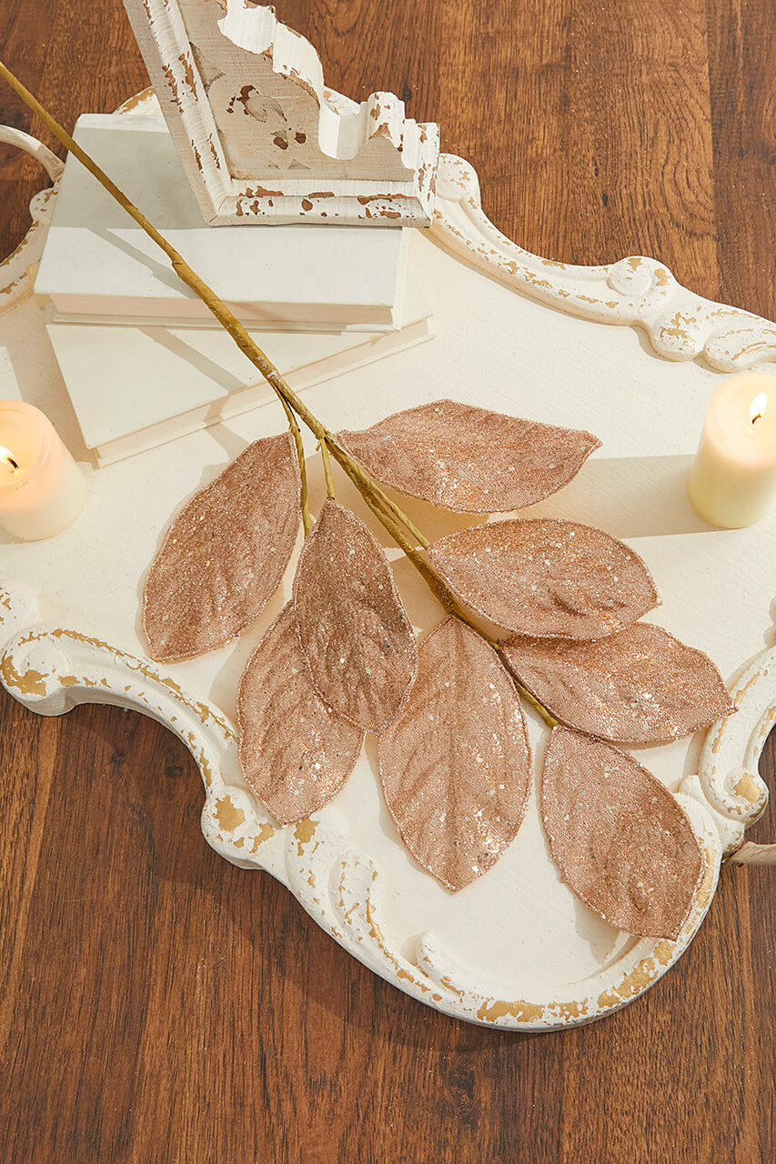 SET OF TWO 28" Rose Gold Micro Beaded Sequins Magnolia Leaf Spray