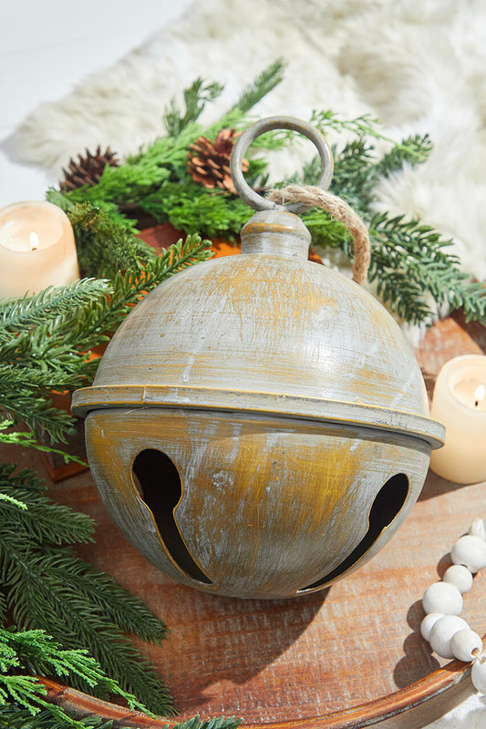 9” x 11.5” Large Antique Finish Metal Jingle Bell with Rope