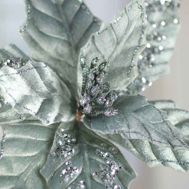 Set of Two Sea Foam Sparkling Velvet Artificial Poinsettia Pick