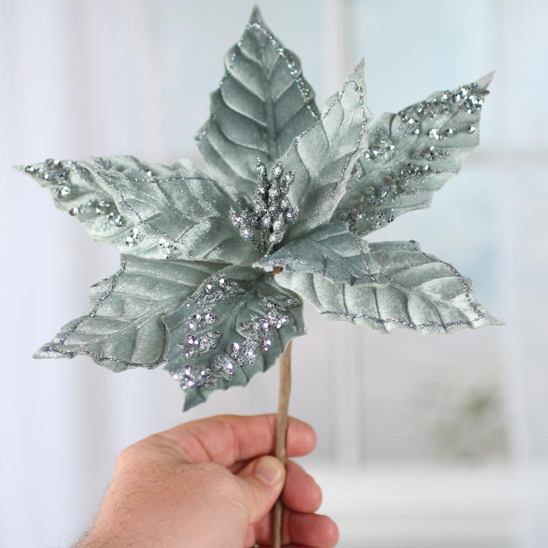 Set of Two Sea Foam Sparkling Velvet Artificial Poinsettia Pick