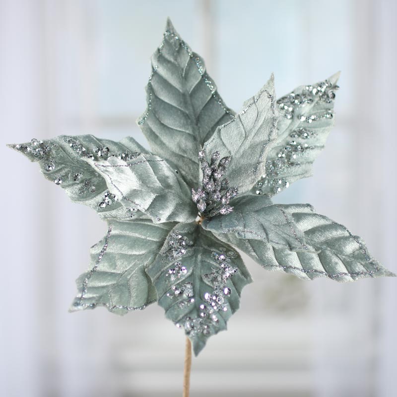 Set of Two Sea Foam Sparkling Velvet Artificial Poinsettia Pick