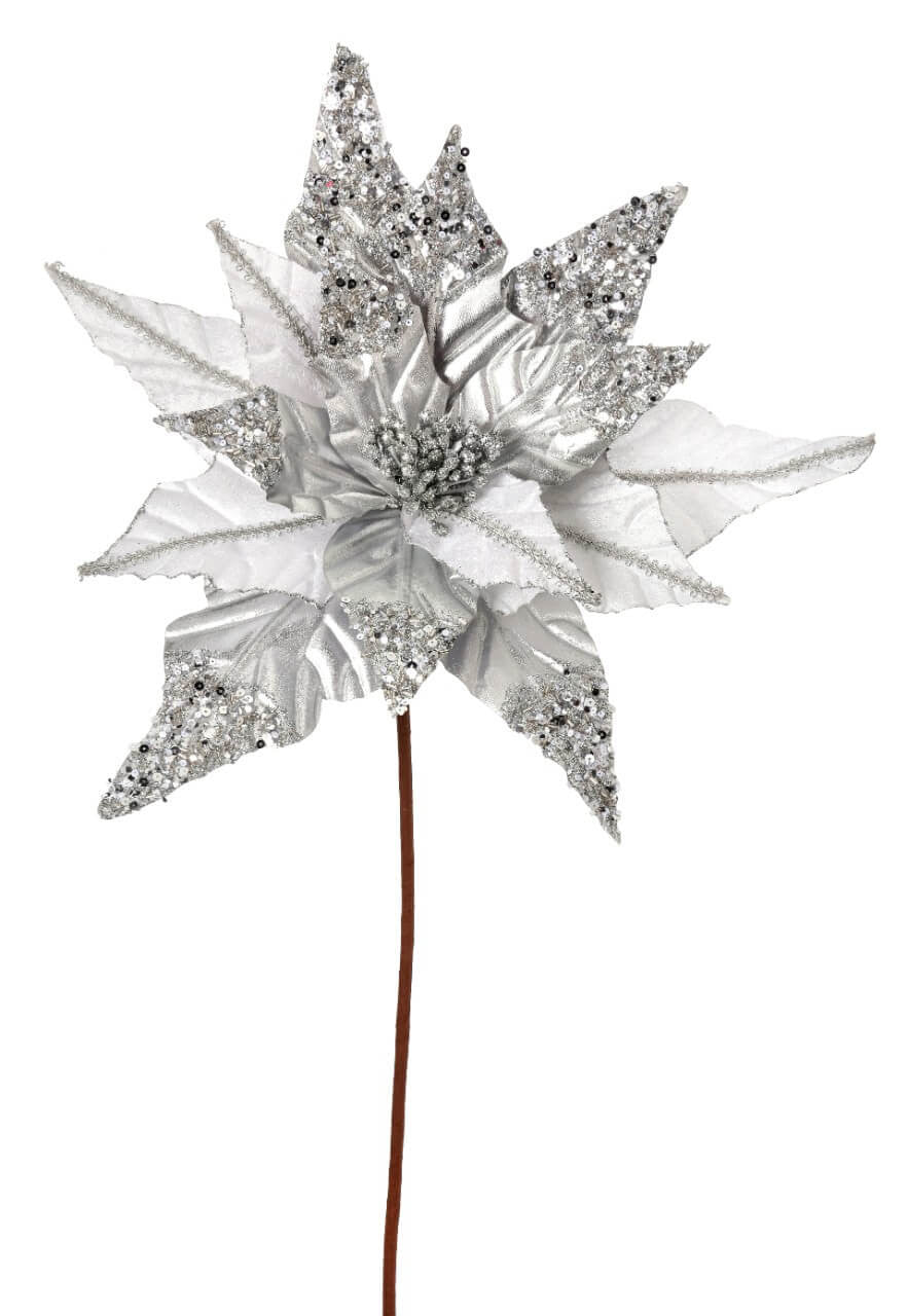 31” Silver & White Sequin Glitter Poinsettia