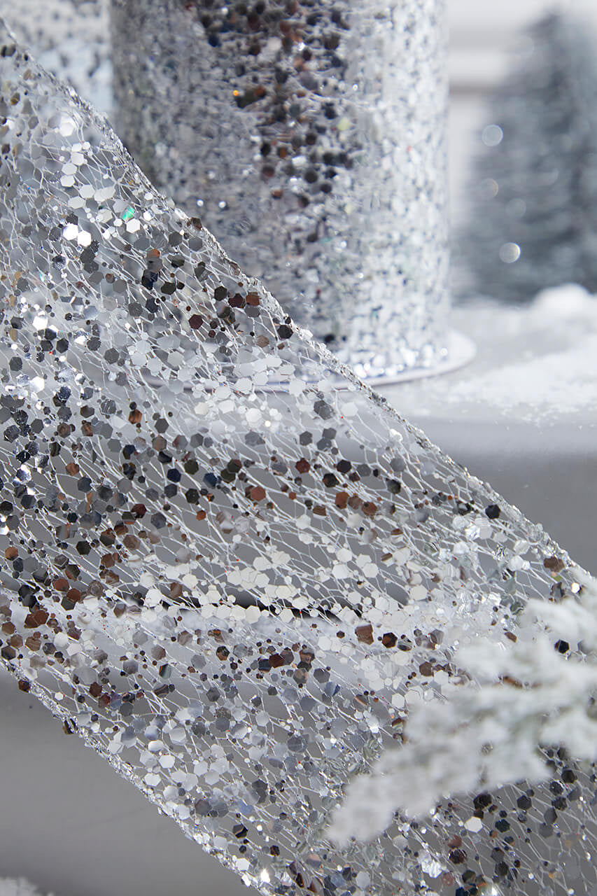 4" x 10 Yard Silver Glitter Wired Ribbon