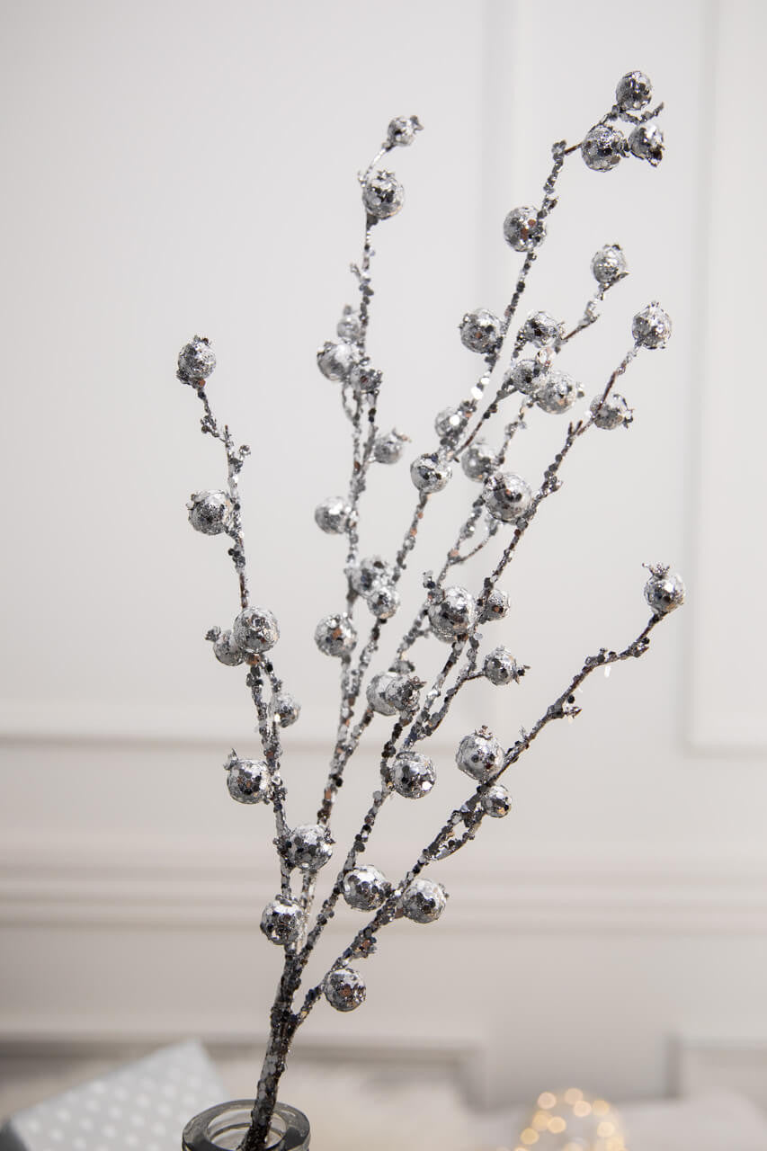 Set Of Two 30” Silver Pomegranate Glitter Spray