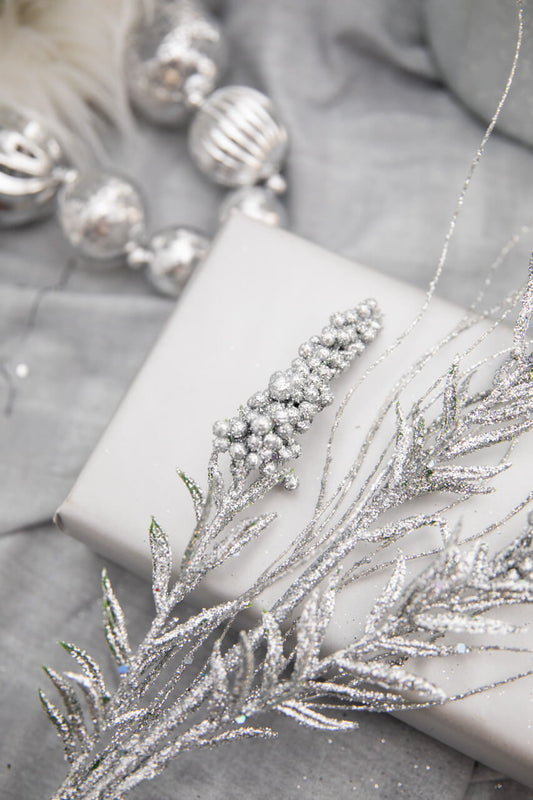Set Of Three 30” Silver Glitter Berry Spike/Twig Christmas Spray