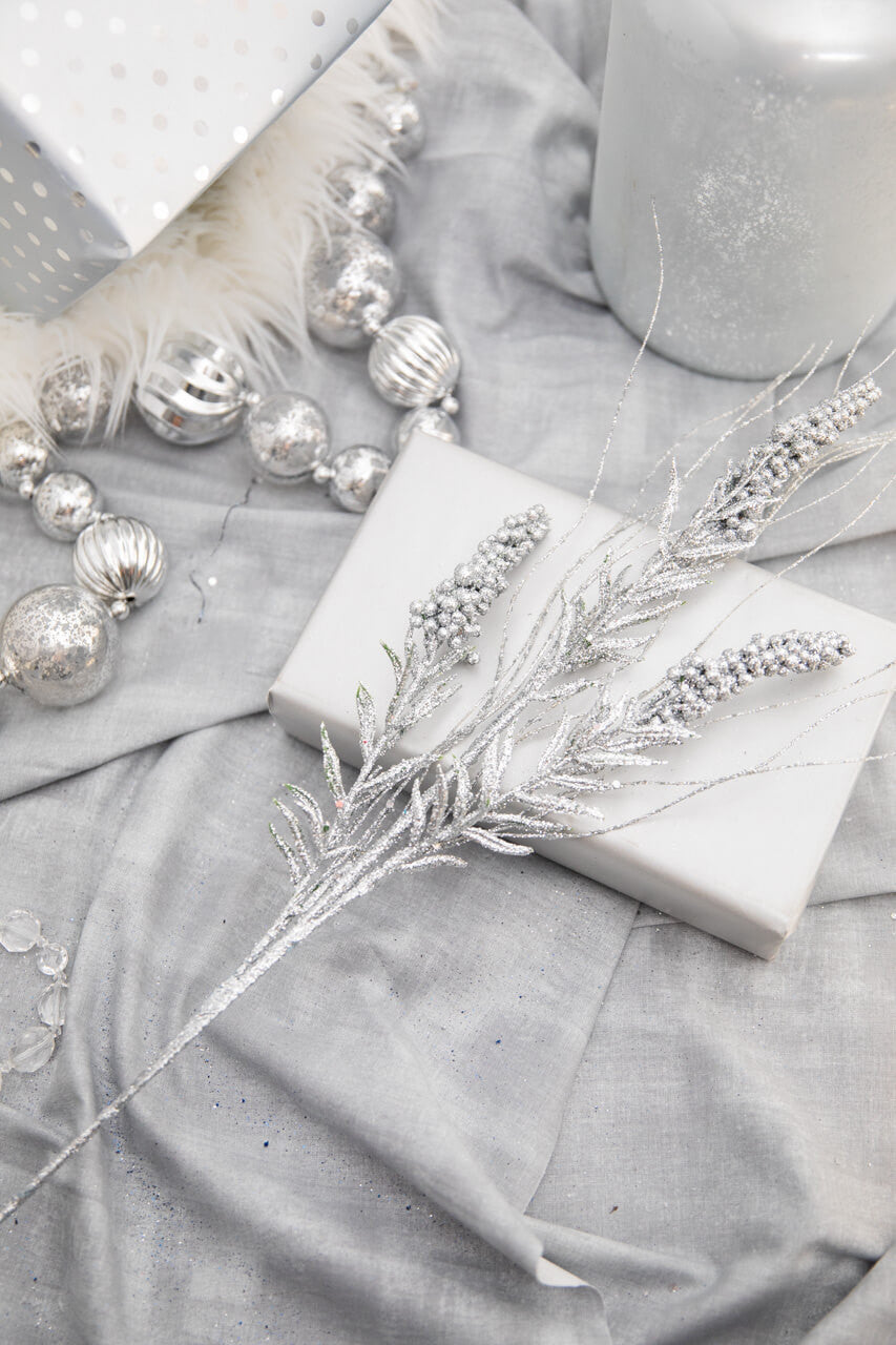 Set Of Three 30” Silver Glitter Berry Spike/Twig Christmas Spray