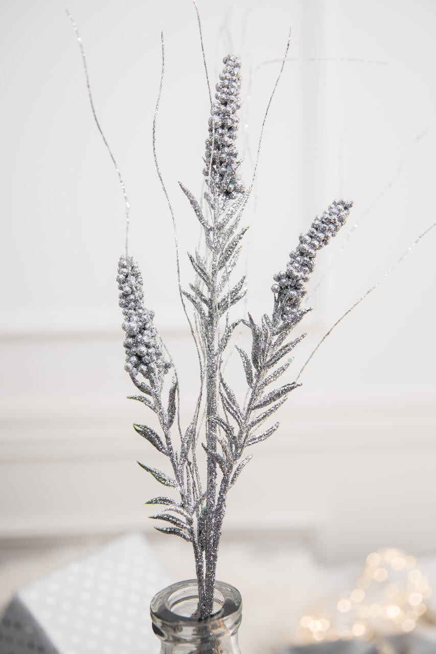 Set Of Three 30” Silver Glitter Berry Spike/Twig Christmas Spray