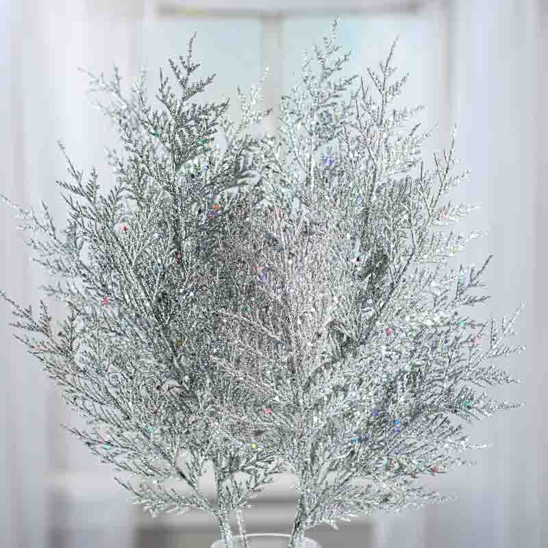 Silver Sparkling Artificial Cedar Sprays (Package of 4 pieces)