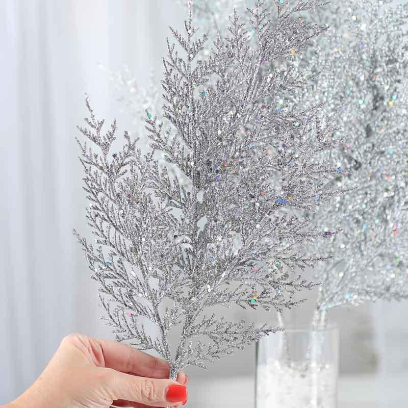 Silver Sparkling Artificial Cedar Sprays (Package of 4 pieces)