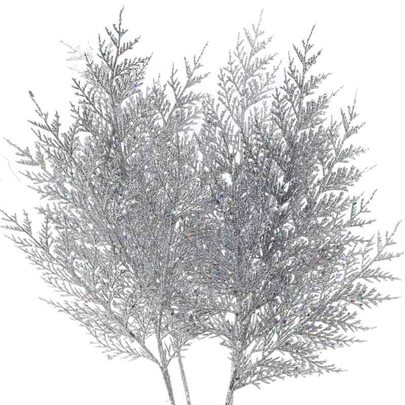 Silver Sparkling Artificial Cedar Sprays (Package of 4 pieces)