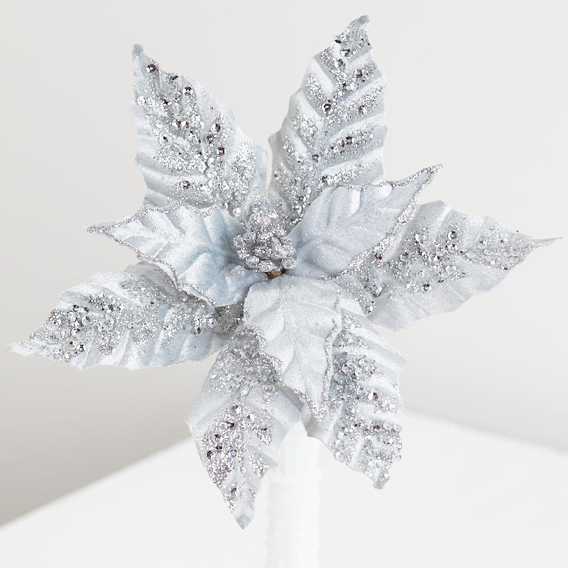 Set of Two Silver Velvet Poinsettia Stem