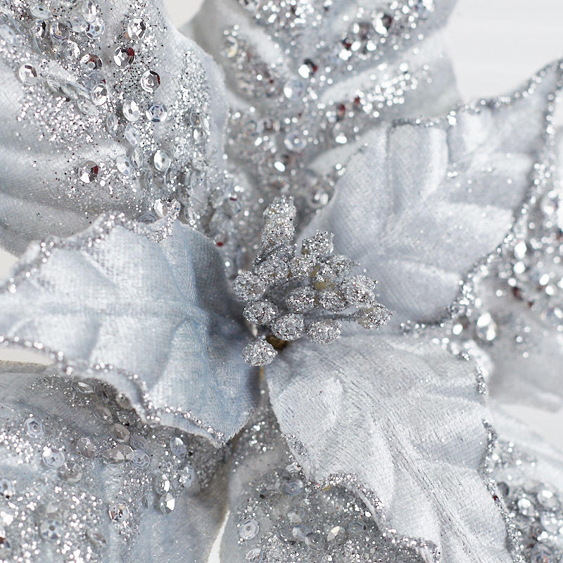 Set of Two Silver Velvet Poinsettia Stem