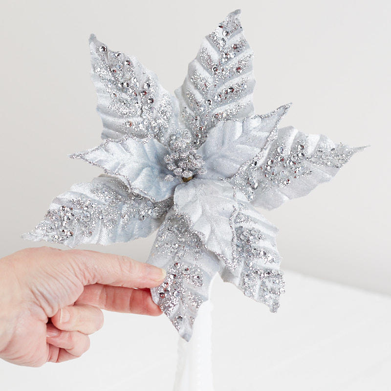 Set of Two Silver Velvet Poinsettia Stem