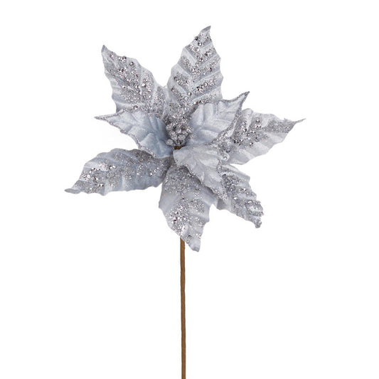 Set of Two Silver Velvet Poinsettia Stem