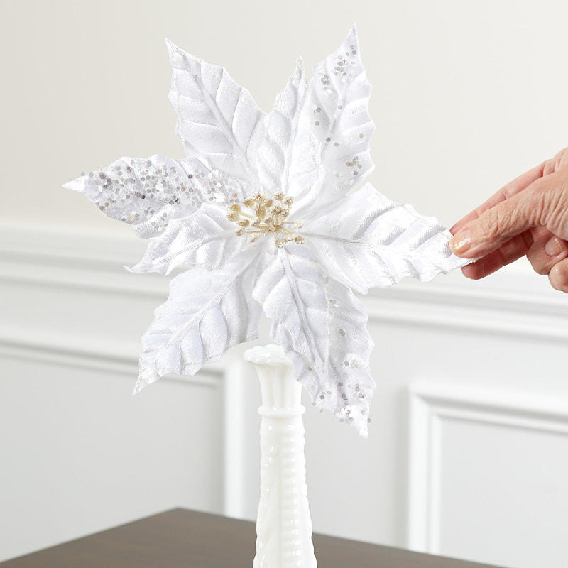 Set of Two Sparkling White Artificial Poinsettia Pick