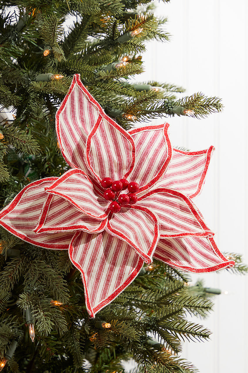 24" Red and White Ticking Fabric Poinsettia Stem