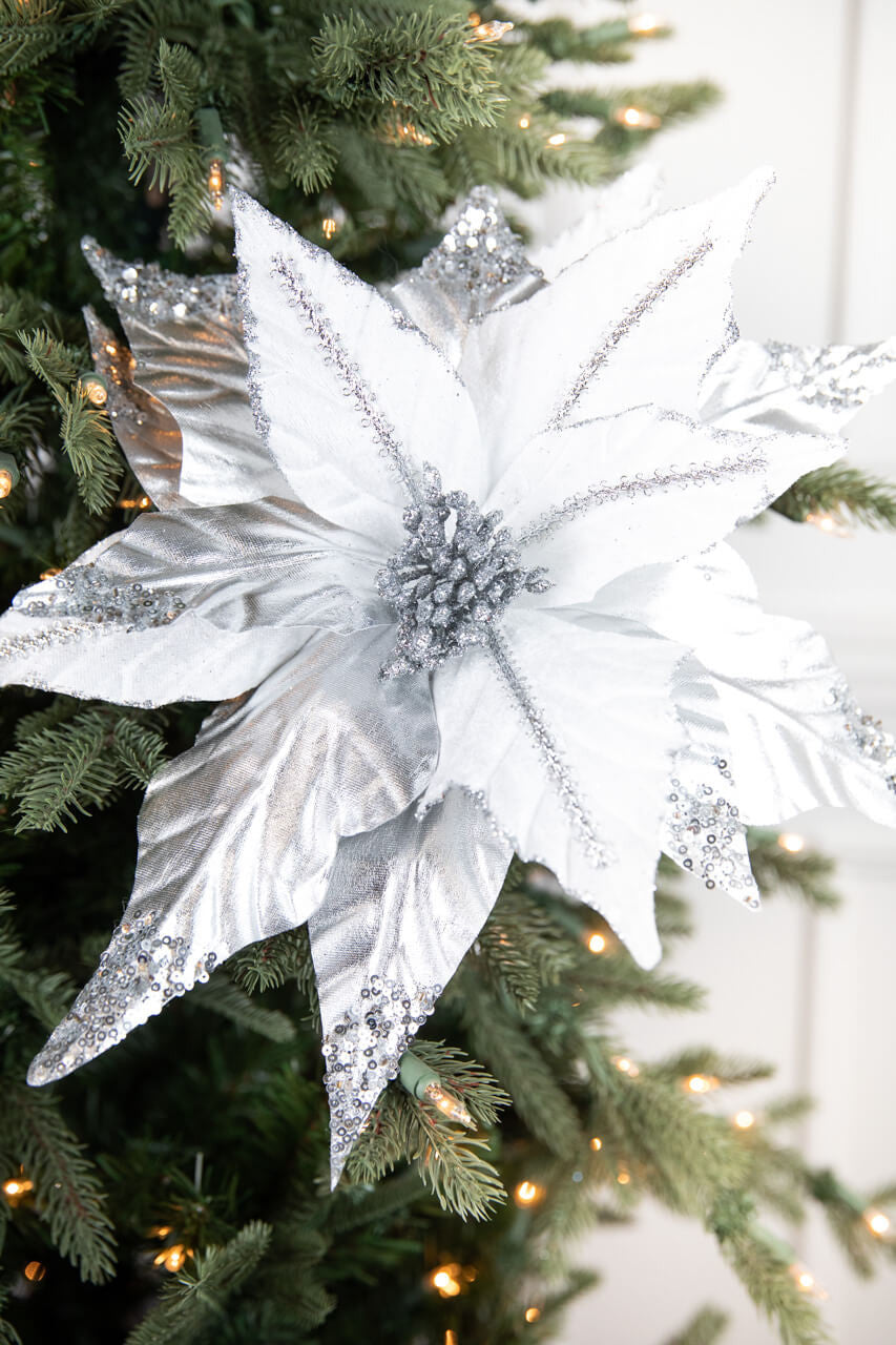 31” Silver & White Sequin Glitter Poinsettia