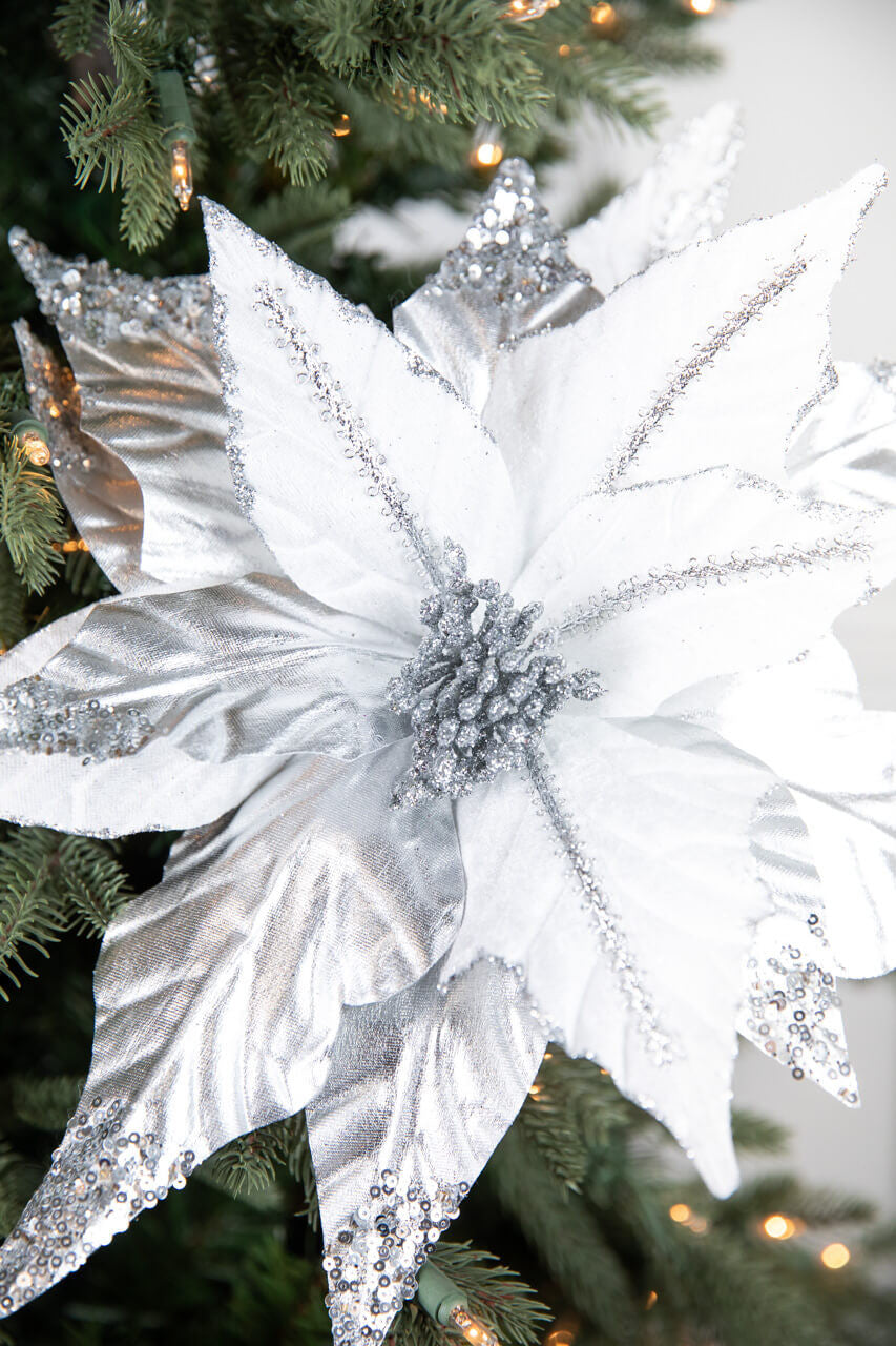 31” Silver & White Sequin Glitter Poinsettia