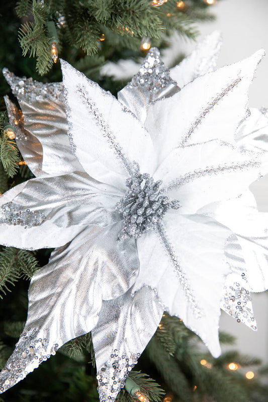 31” Silver & White Sequin Glitter Poinsettia