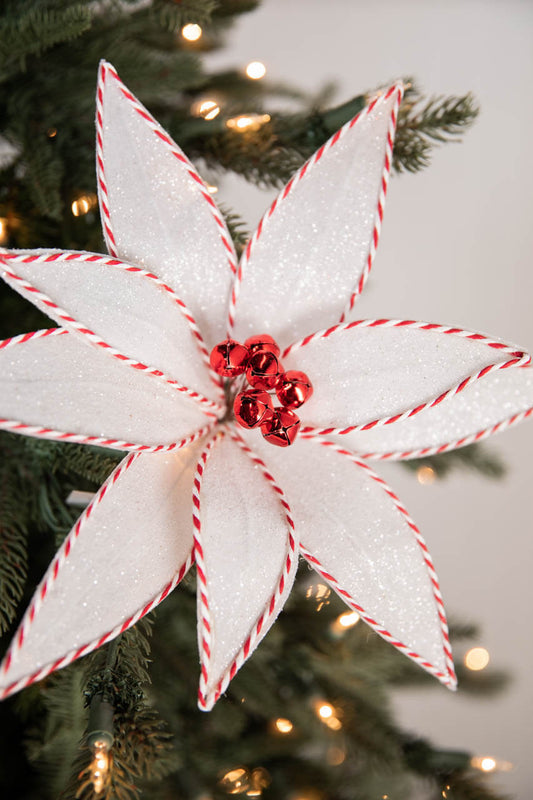 24” Glittery White Poinsettia Stem with Peppermint Stripes