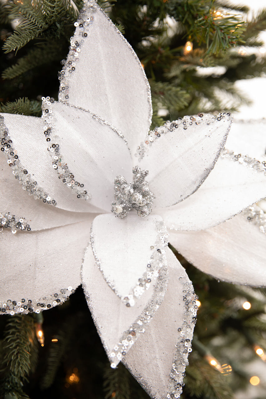 22” White Velvet Glitter Poinsettia Stem